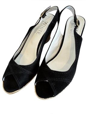 WHITE by Ron White Black Suede Slingback Wedges